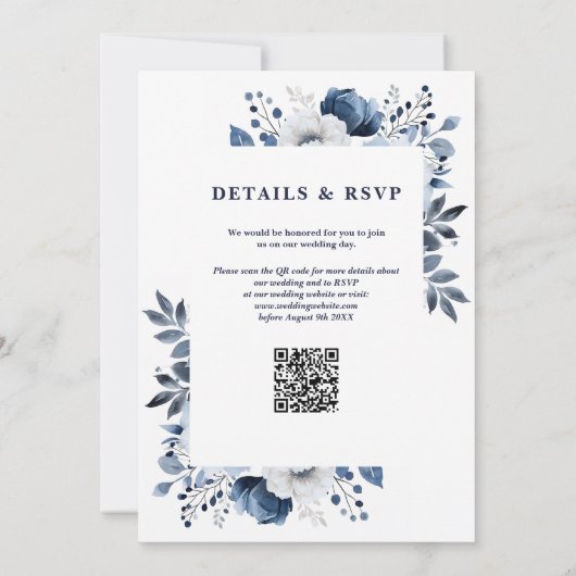 Blauw en Witte Elegante Bloemencode QR Code Bruilo Kaart (Achterkant)