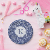 Blauw en Witte Floral Monogrammen Papieren Bordje (Feest)