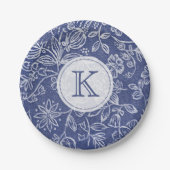 Blauw en Witte Floral Monogrammen Papieren Bordje (Voorkant)