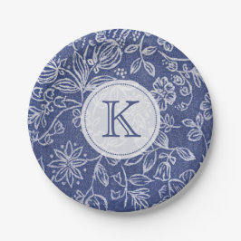  Blauw en Witte Floral Monogrammen Papieren Bordje