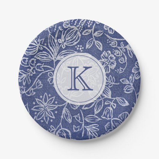  Blauw en Witte Floral Monogrammen Papieren Bordje (Voorkant)