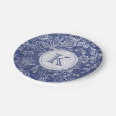  Blauw en Witte Floral Monogrammen Papieren Bordje (Gekanteld)