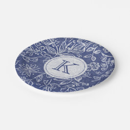  Blauw en Witte Floral Monogrammen Papieren Bordje