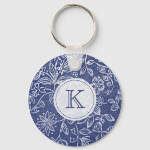 Blauw en Witte Floral Monogrammen Sleutelhanger