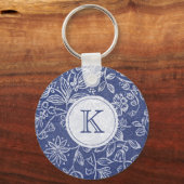  Blauw en Witte Floral Monogrammen Sleutelhanger (Achterkant)