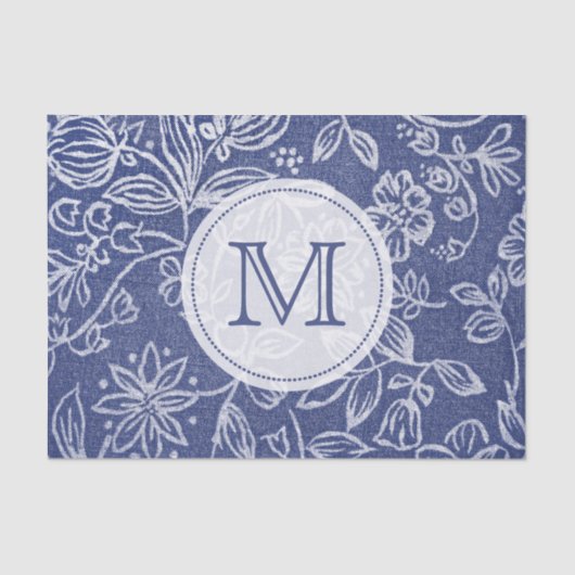  Blauw en Witte Floral Monogrammen Tissuepapier (Voorkant)