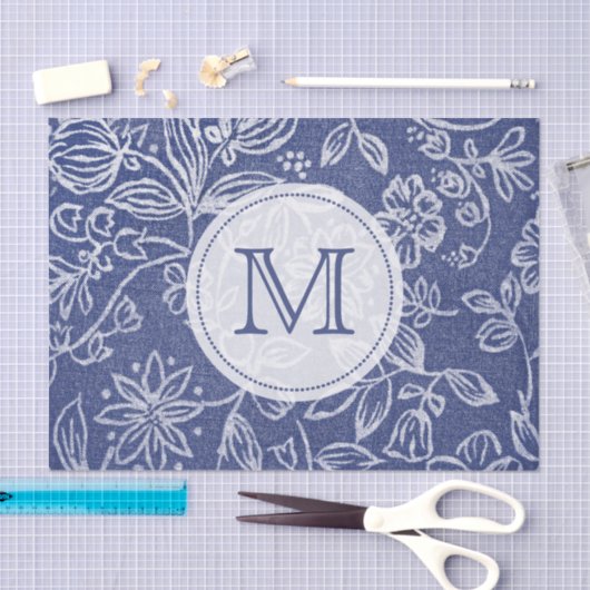  Blauw en Witte Floral Monogrammen Tissuepapier (Craft)