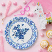 blauw en witte Floral Papieren Bordje (Feest)