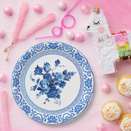  blauw en witte Floral Papieren Bordje (Feest)