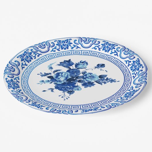 blauw en witte Floral Papieren Bordje (Gekanteld)