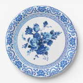 blauw en witte Floral Papieren Bordje (Voorkant)