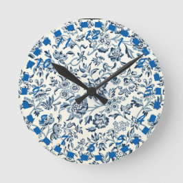  blauw en witte Floral Ronde Klok