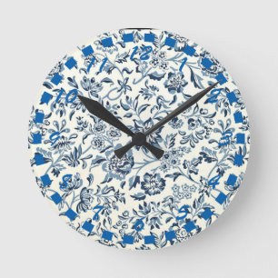  blauw en witte Floral Ronde Klok