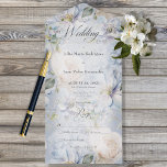 Blauw- en witte Floral Rustic Romantic No Dinner All In One Uitnodiging<br><div class="desc">BESCHIKBAAR MET OF ZONDER EEN QR-CODE OF DINER SELECTION OPTIES. Dit ontwerp is voorzien van een prachtig zacht periwinkle blauw en wit roestachtig bloempatroon op een stoffige periwinkle blauwe oude achtergrond. De tekst wordt getoond op een zacht wit transparant tekstgebied. De achterkant gaat door met het bloempatroon. Creëer door Simply...</div>