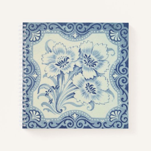 Blauw- en witte Floral Victoriaans Majolica Antiek Notitieboek (Voorkant)