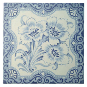 Blauw- en witte Floral Victoriaans Majolica Antiek Tegeltje