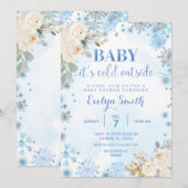 Blauw en witte Floral Winter Baby shower Snowflake Kaart (Voorkant / Achterkant)