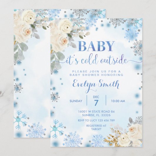 Blauw en witte Floral Winter Baby shower Snowflake Kaart (Voorkant / Achterkant)