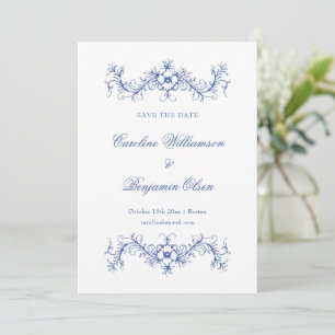 Blauw en Witte Franse Bloem Elegante Trouwdag Save The Date