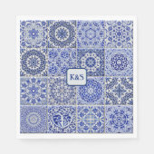 blauw en witte gekleurde Tegels met Initialen Servet (Voorkant)