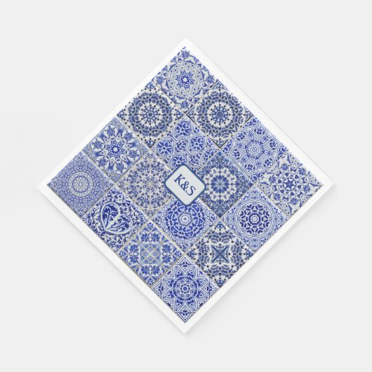 blauw en witte gekleurde Tegels met Initialen Servet (Hoek)
