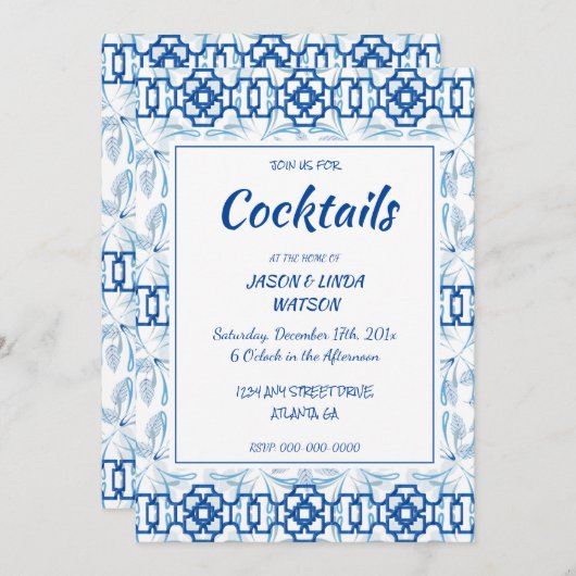 Blauw en Witte Geometrische Bloemmotief Chinoiseri Kaart (Voorkant / Achterkant)