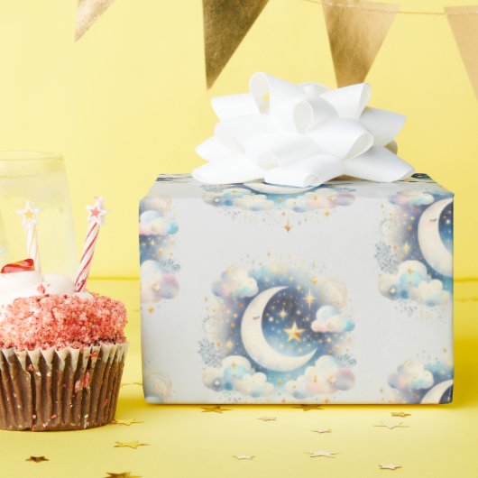 Blauw en Witte Halve Maan Hemelse Boho Moderne Cadeaupapier (Verjaardagsfeest)