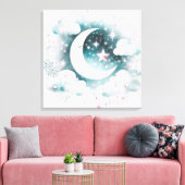 Blauw en Witte Halve Maan Hemelse Boho Moderne Canvas Afdruk (Insitu (Woonkamer))