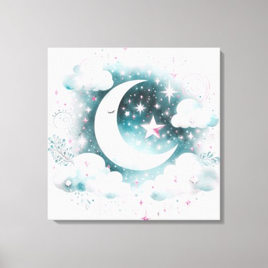 Blauw en Witte Halve Maan Hemelse Boho Moderne Canvas Afdruk (Voorkant)