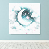 Blauw en Witte Halve Maan Hemelse Boho Moderne Canvas Afdruk (Insitu (Houten vloer))