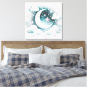 Blauw en Witte Halve Maan Hemelse Boho Moderne Canvas Afdruk (Insitu (Slaapkamer))