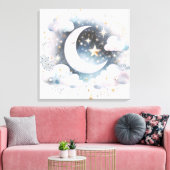 Blauw en Witte Halve Maan Hemelse Boho Moderne Canvas Afdruk (Insitu (Woonkamer))