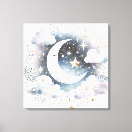 Blauw en Witte Halve Maan Hemelse Boho Moderne Canvas Afdruk (Voorkant)
