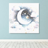 Blauw en Witte Halve Maan Hemelse Boho Moderne Canvas Afdruk (Insitu (Houten vloer))