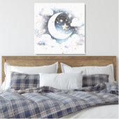 Blauw en Witte Halve Maan Hemelse Boho Moderne Canvas Afdruk (Insitu (Slaapkamer))