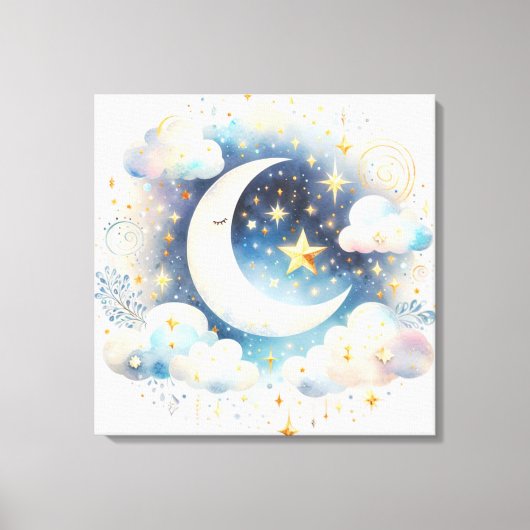 Blauw en Witte Halve Maan Hemelse Boho Moderne Canvas Afdruk (Voorkant)