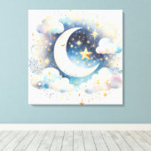 Blauw en Witte Halve Maan Hemelse Boho Moderne Canvas Afdruk (Insitu (Houten vloer))