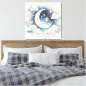 Blauw en Witte Halve Maan Hemelse Boho Moderne Canvas Afdruk (Insitu (Slaapkamer))