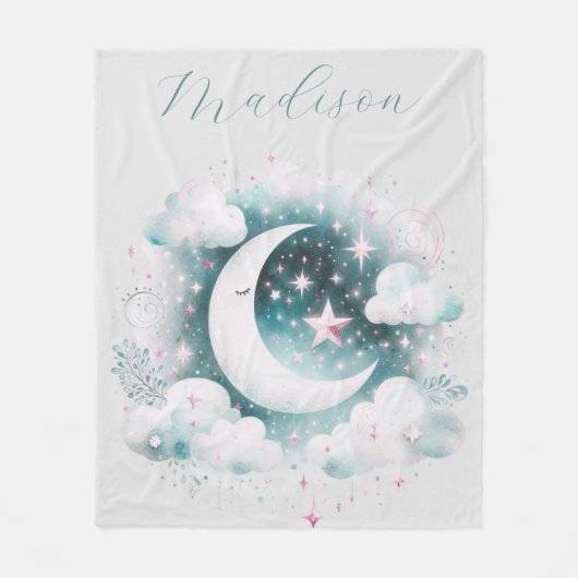 Blauw en Witte Halve Maan Hemelse Boho Moderne Fleece Deken (Voorkant)