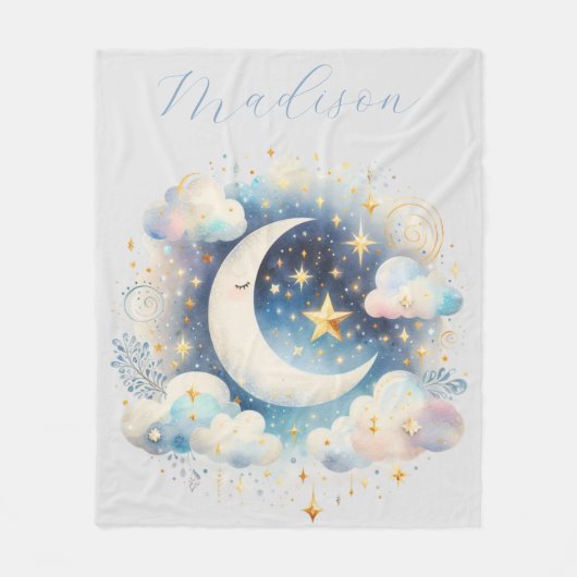 Blauw en Witte Halve Maan Hemelse Boho Moderne Fleece Deken (Voorkant)
