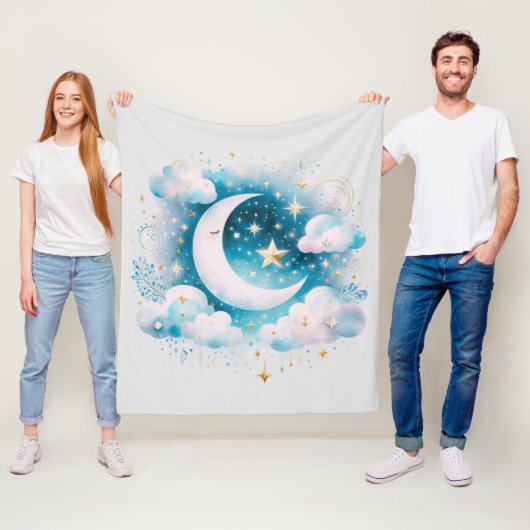 Blauw en Witte Halve Maan Hemelse Boho Moderne Fleece Deken (In situ)