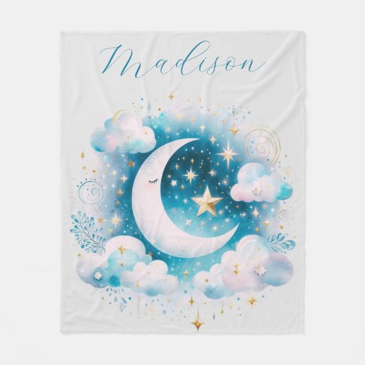 Blauw en Witte Halve Maan Hemelse Boho Moderne Fleece Deken (Voorkant)