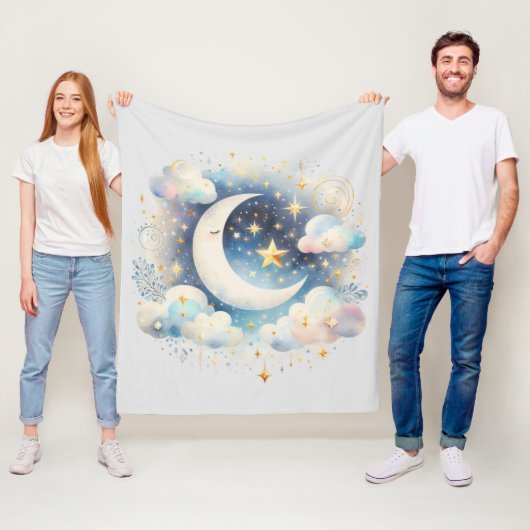 Blauw en Witte Halve Maan Hemelse Boho Moderne Fleece Deken (In situ)