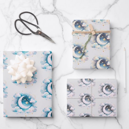 Blauw en Witte Halve Maan Hemelse Boho Moderne Inpakpapier Vel (Voorkant)
