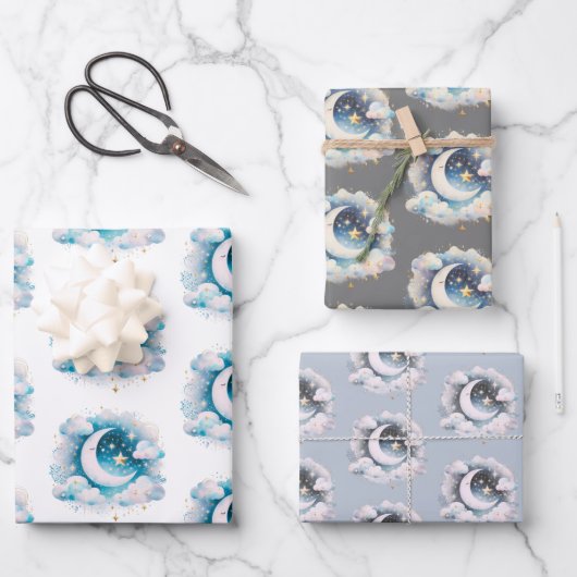 Blauw en Witte Halve Maan Hemelse Boho Moderne Inpakpapier Vel (Voorkant)