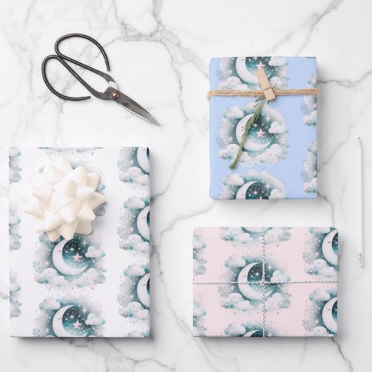 Blauw en Witte Halve Maan Hemelse Boho Moderne Inpakpapier Vel (Voorkant)