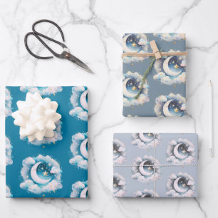 Blauw en Witte Halve Maan Hemelse Boho Moderne Inpakpapier Vel
