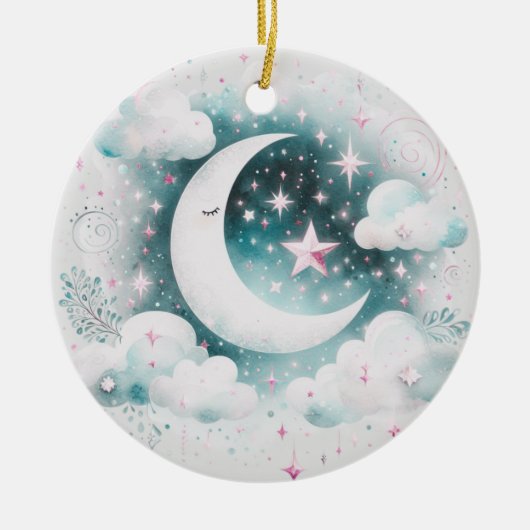 Blauw en Witte Halve Maan Hemelse Boho Moderne Keramisch Ornament (Voorkant)