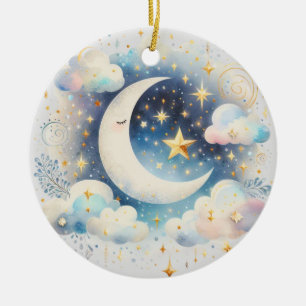 Blauw en Witte Halve Maan Hemelse Boho Moderne Keramisch Ornament