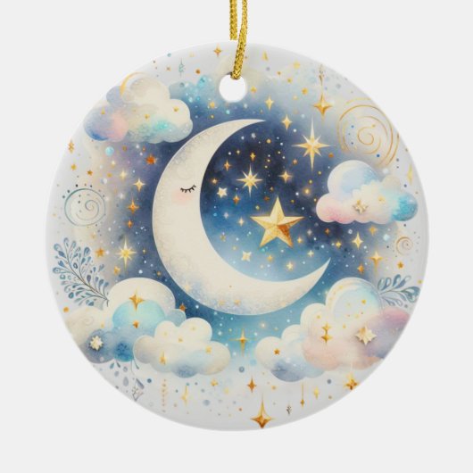 Blauw en Witte Halve Maan Hemelse Boho Moderne Keramisch Ornament (Voorkant)